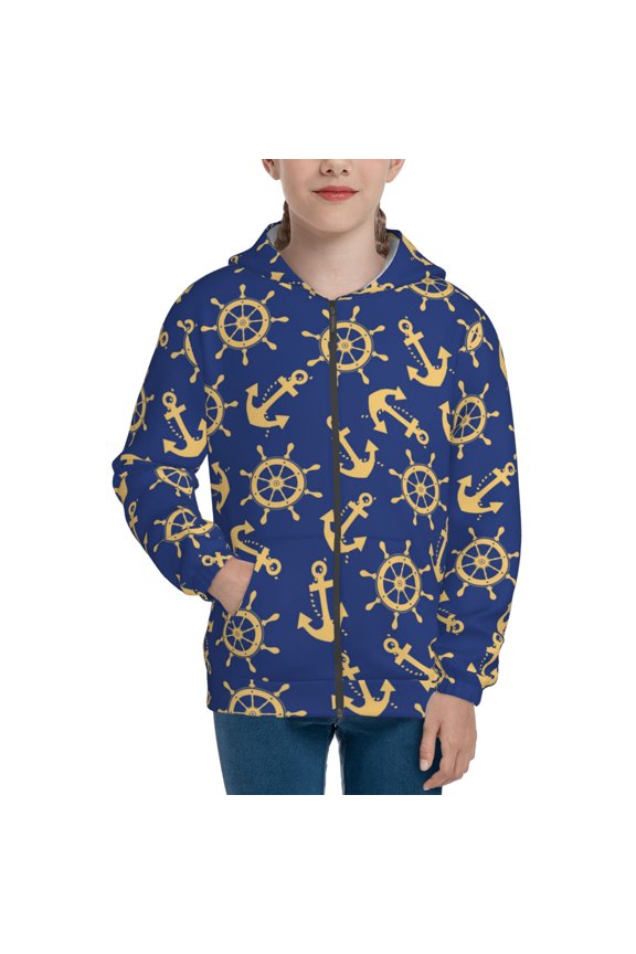 Anchors and Nautical Teenage Zipper Hoodie, Long Sleeve Zip Up Hoodies Casual Jackets Tops for 7-12 Years-Small