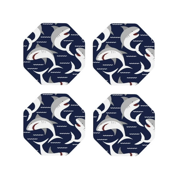 Naloa Angry Shark Leather Coasters for Drinks, Durable Drink Coasters 4 Set for Tabletop Protection, Luxurious Home Décor and Housewarming Gift ( {designName})Octagon