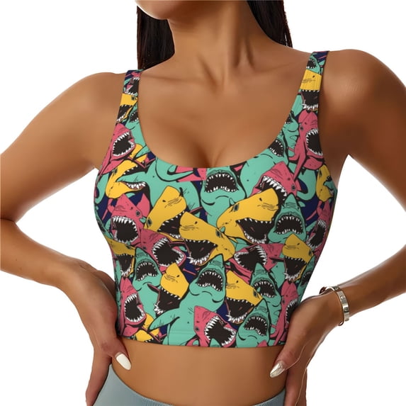 Naloa Angry Shark Pattern Sports Bras for Women, High Support Bra with Removable Pads, Comfortable - Large