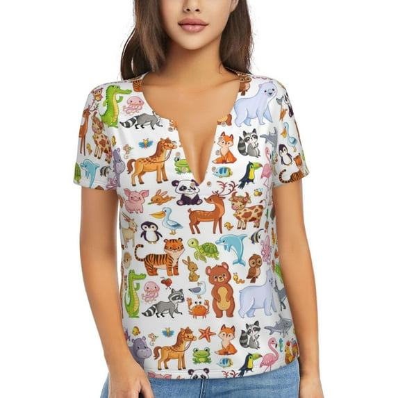 Naloa Animal Cartoon Style Print T-Shirts Short Sleeve V Neck Tees for Women Fashion Tops Trendy Lightweight Soft Casual Summer Outfits Clothes