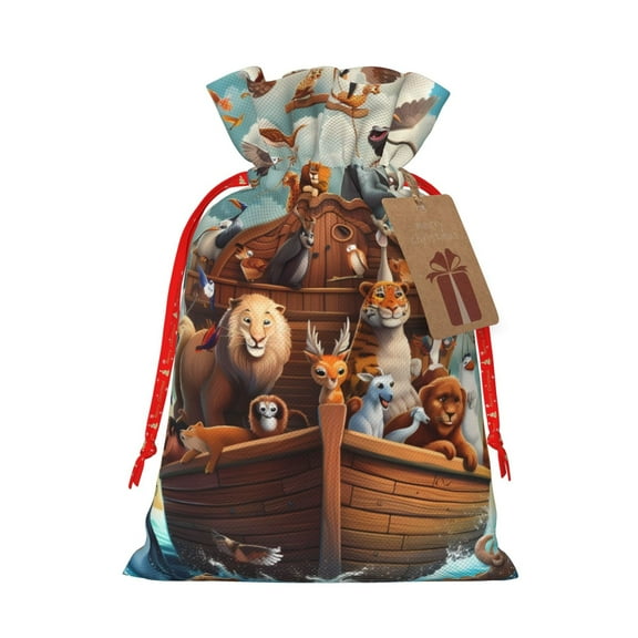 Naloa Animal Filled Noahs Ark Drawstring Christmas Bags, 3D Xmas Gift Bags, Christmas Wrapping Bags, Xmas Goodie Bags, Treat Pouch Bags, Party Favor Bags-Small