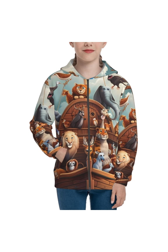 Animal Filled Noahs Ark Teenage Zipper Hoodie, Long Sleeve Zip Up Hoodies Casual Jackets Tops for 7-12 Years-Medium