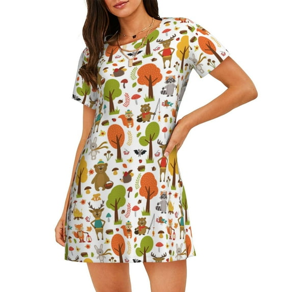 Naloa Animals Forest Print Women Nightgowns,Womens Loungewear,Short Sleeve Sleepwear,Comfy Ladies Nightdress