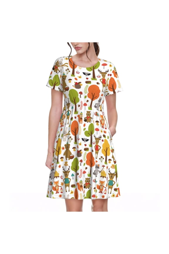 Animals Forest Print Womens Summer A-Line Dress with Pockets,Short Sleeve Dresses,Flowy Beach Swing Dress for Vacation Travel