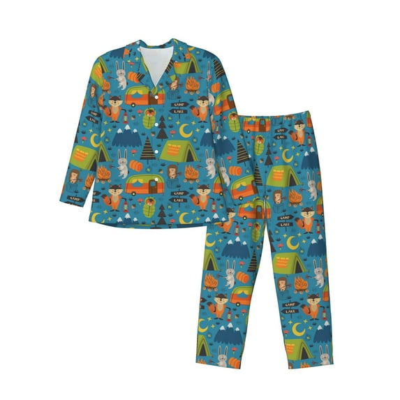 Naloa Animals In Camping Men’s Pajamas Set - Long Sleeve Button Down Sleep Shirt and Pajama Bottoms Sleepwear Set-Small