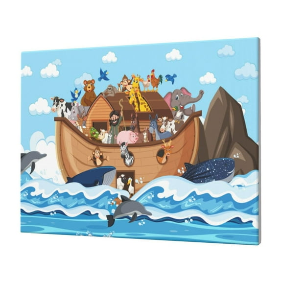 Naloa Animals on Noah's Ark Floating Print Canvas Picture,Wall Pictures, Modern Decorative Poster,Art Prints for Bedroom, Toilet, 40 x 30 cm, Built-in Wooden Frame