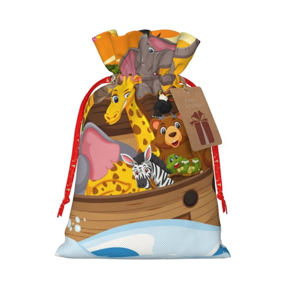 Naloa Animals on Noah's Ark1 Drawstring Christmas Bags, 3D Xmas Gift Bags, Christmas Wrapping Bags, Xmas Goodie Bags, Treat Pouch Bags, Party Favor Bags-Medium