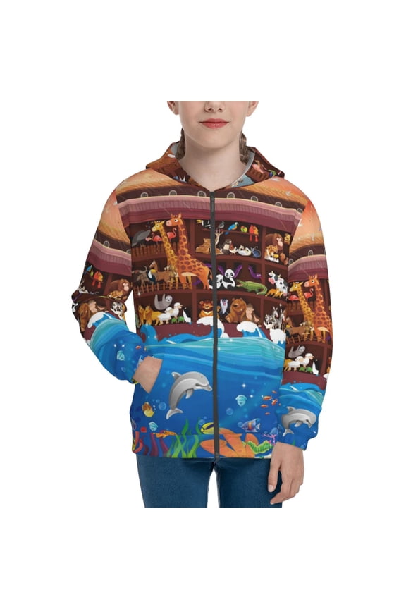 Animals On Noah's Ark2 Teenage Zipper Hoodie, Long Sleeve Zip Up Hoodies Casual Jackets Tops for 7-12 Years-Medium