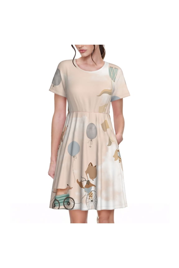 Animals Riding Across The Sky1 Print Womens Summer A-Line Dress with Pockets,Short Sleeve Dresses,Flowy Beach Swing Dress for Vacation Travel