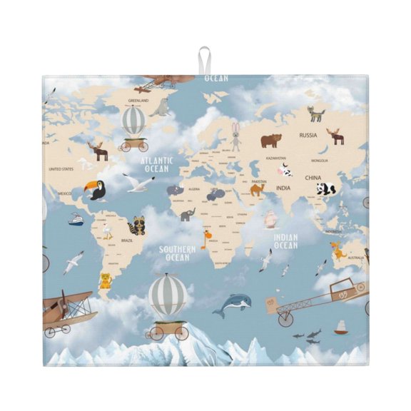 Naloa Animals Travel World Map Dish Drying Mat for Kitchen Counter, Heat Resistant Drainer Mats, Absorbent Draining Mat,Dish Rack Pad,16"x18"