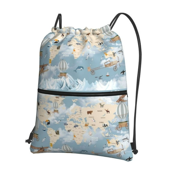 Naloa Animals Travel World Map Drawstring Backpack String Bag Cinch Water Resistant for Gym Shopping Sport Yoga