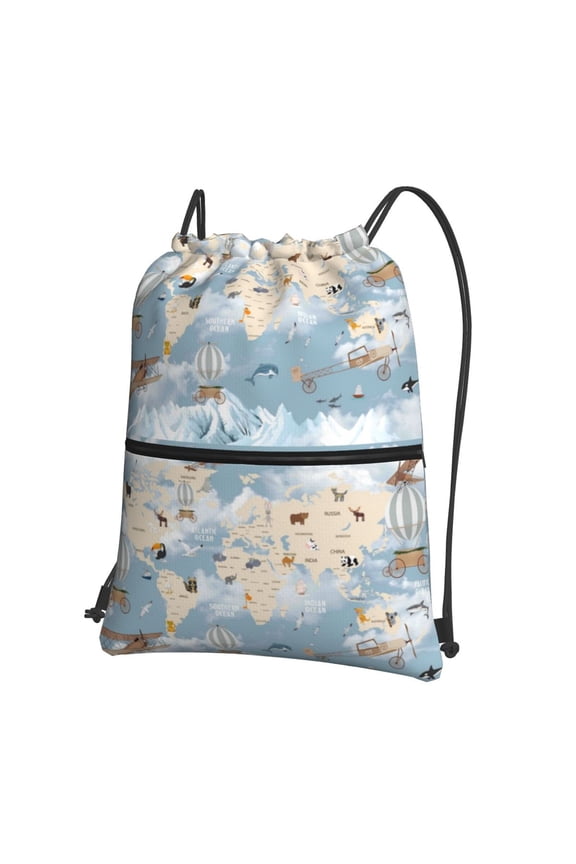 Animals Travel World Map Drawstring Backpack String Bag Cinch Water Resistant for Gym Shopping Sport Yoga