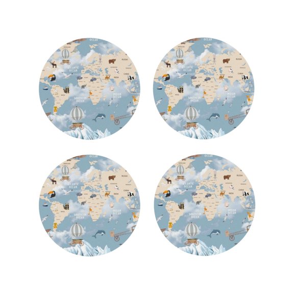 Naloa Animals Travel World Map Leather Coasters for Drinks, Durable Drink Coasters 4 Set for Tabletop Protection, Luxurious Home Décor and Housewarming Gift ( {designName})Round Shape