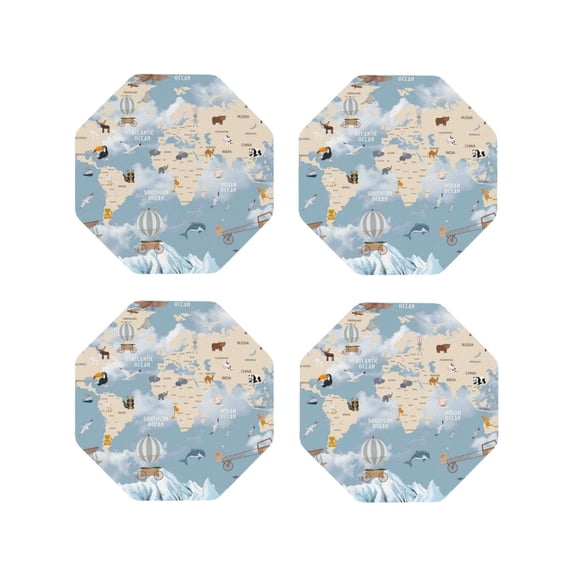 Naloa Animals Travel World Map Leather Coasters for Drinks, Durable Drink Coasters 4 Set for Tabletop Protection, Luxurious Home Décor and Housewarming Gift ( {designName})Octagon