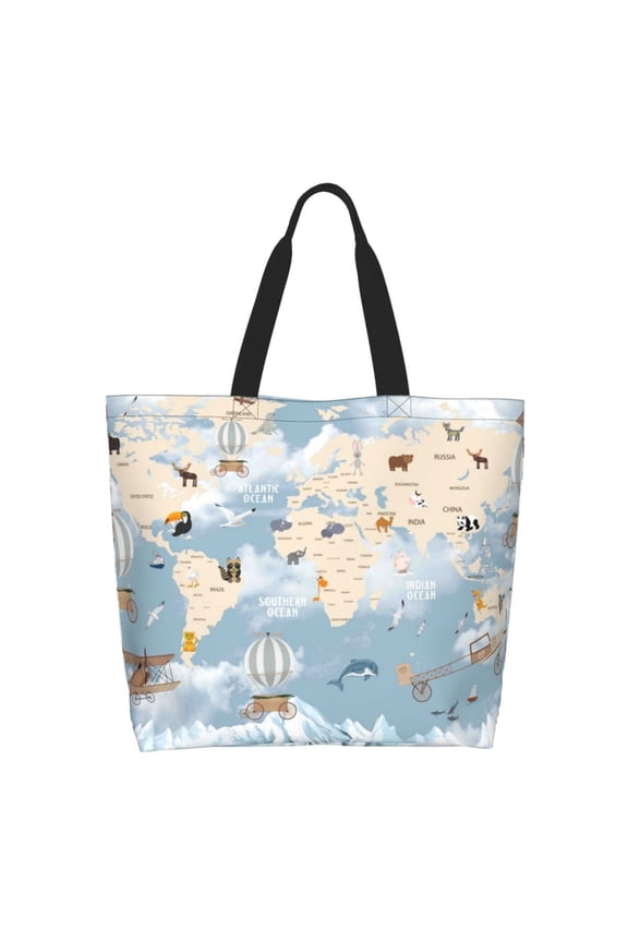 Animals Travel World Map Tote Bag for Women Large Capacity Shoulder Bag for College Work Travel Shopping