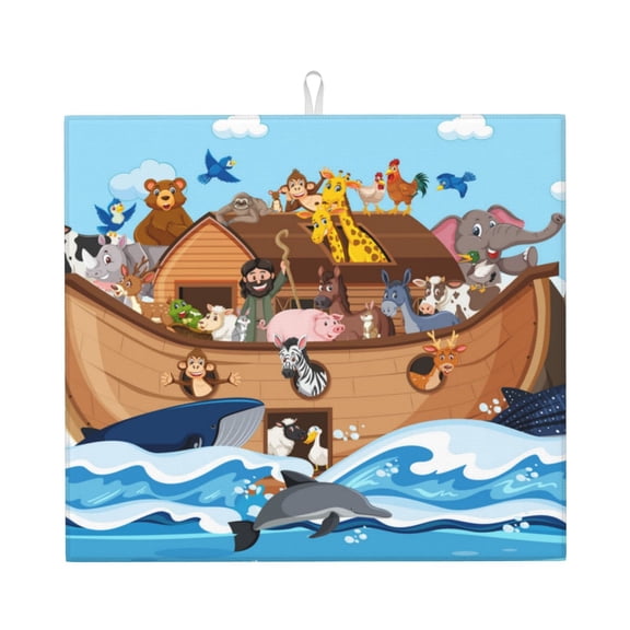 Naloa Animals on Noah's Ark Floating Dish Drying Mat for Kitchen Counter, Heat Resistant Drainer Mats, Absorbent Draining Mat,Dish Rack Pad,16"x18"