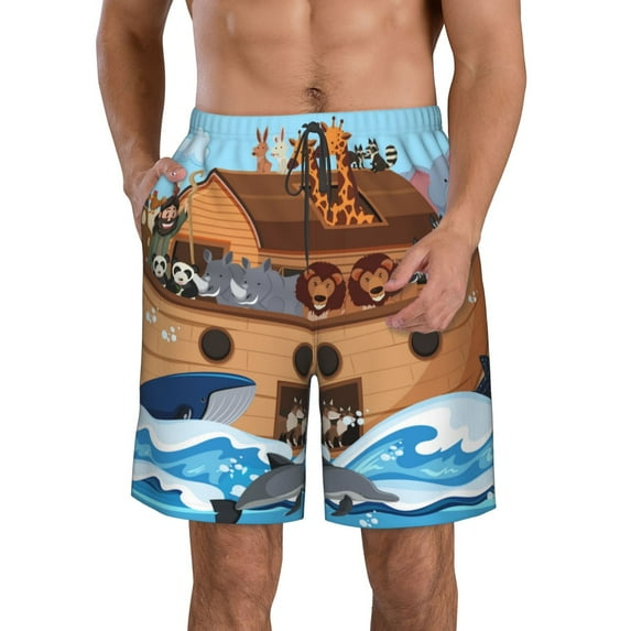 Naloa Animals on Noah's Ark Men's Beach Shorts, Surfing shorts, Swim trunks, Quick Dry Swim Trunks for Surfing Beach Fun - Small