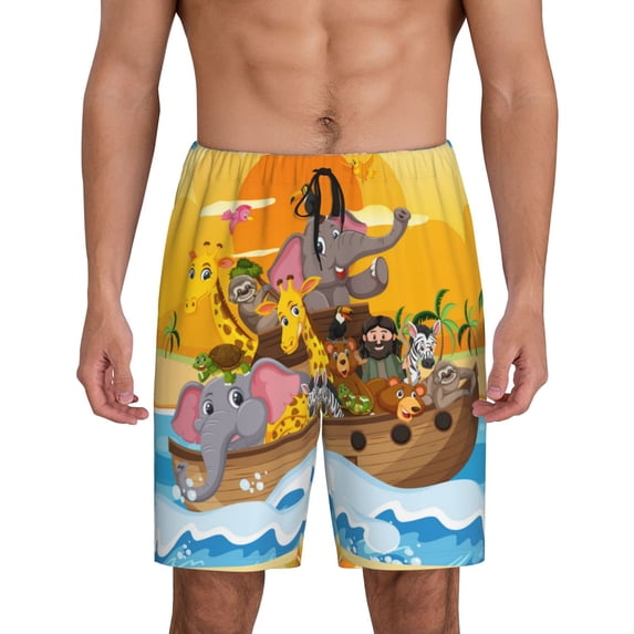 Naloa Animals on Noah's Ark1 Men's Short Pajama Pants, Lounge Comfort Shorts with Elasticized Waistband and Side Pockets - 3X-Large