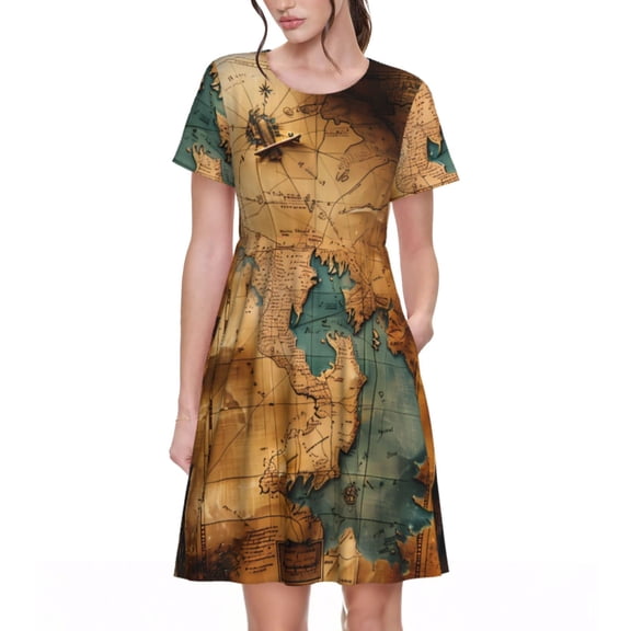 Naloa Antique Map Adventure Scene Print Womens Summer A-Line Dress with Pockets,Short Sleeve Dresses,Flowy Beach Swing Dress for Vacation Travel