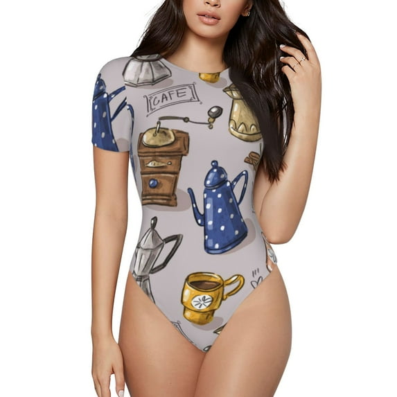 Naloa Antique Vintage Teapot Coffee Grinder Women's Short-Sleeved Onesie, One-Piece Swimsuit for Parties, dates, clubs - X-Large