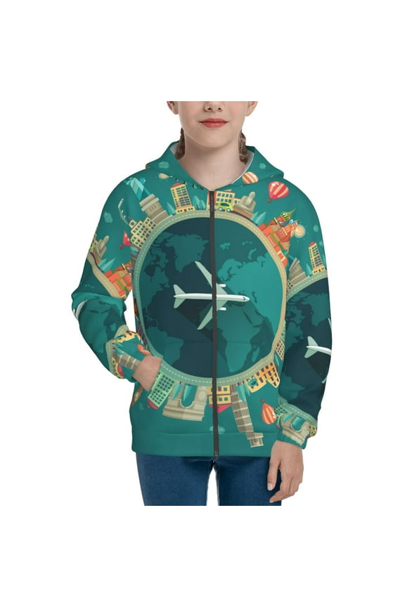 Around The Planet Teenage Zipper Hoodie, Long Sleeve Zip Up Hoodies Casual Jackets Tops for 7-12 Years-Medium