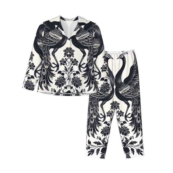 Naloa Artistic Black White Peacocks Pajamas for Women Set, Womens Pajama Sets, Lounge Sets for Women, 2pjs for Women-Small