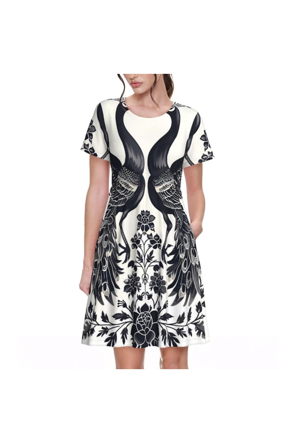 Artistic Black White Peacocks Print Womens Summer A-Line Dress with Pockets,Short Sleeve Dresses,Flowy Beach Swing Dress for Vacation Travel