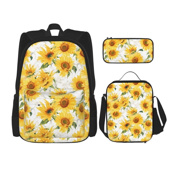 Naloa Artistic Marble Pattern Sunflower Print Large Capacity Backpack Lunch Bag Pencil Case Combination 3 Piece Set for Student
