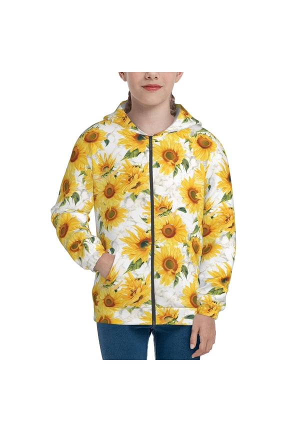 Artistic Marble Pattern Sunflower Teenage Zipper Hoodie, Long Sleeve Zip Up Hoodies Casual Jackets Tops for 7-12 Years-Medium