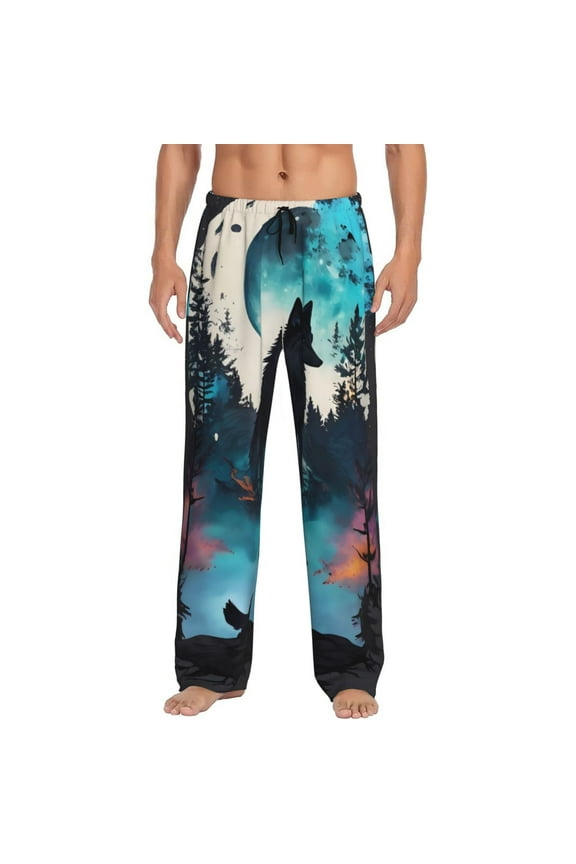 Artistic Moon Valley Wolf Pajama Pants Men, PJ Bottoms, Sleep & Lounge Pants-Small