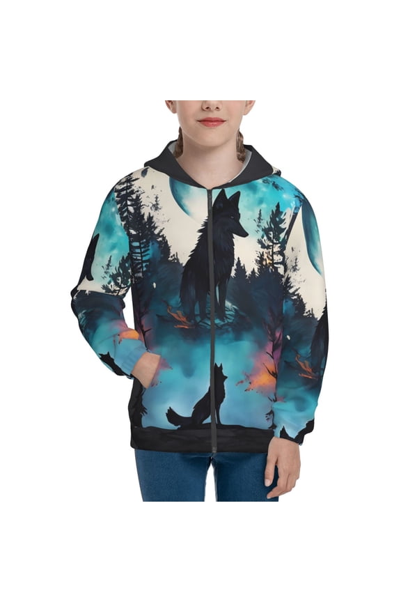 Artistic Moon Valley Wolf Teenage Zipper Hoodie, Long Sleeve Zip Up Hoodies Casual Jackets Tops for 7-12 Years-Small