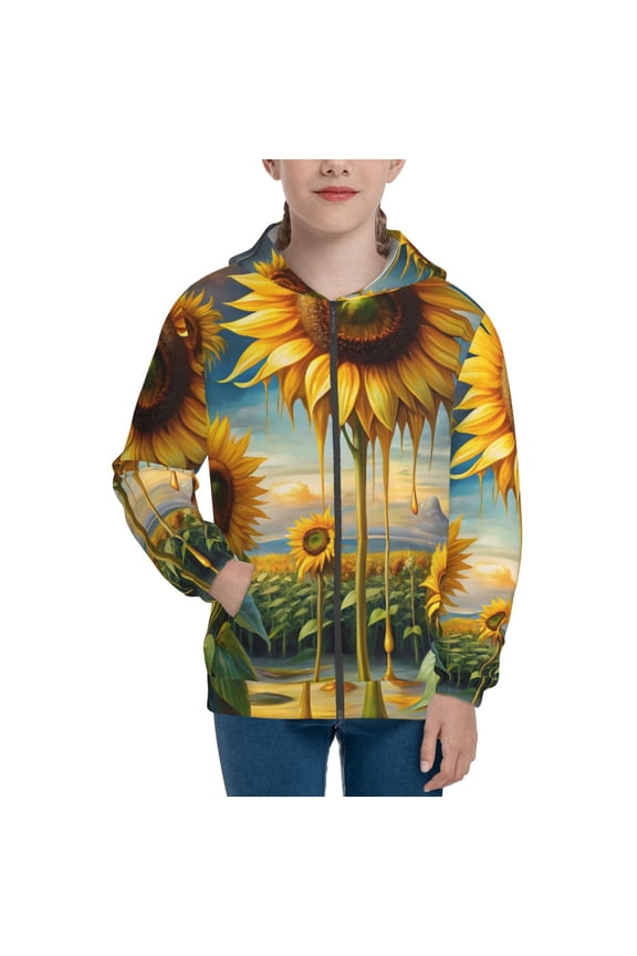 Artistic Oil Painting Sunflower Teenage Zipper Hoodie, Long Sleeve Zip Up Hoodies Casual Jackets Tops for 7-12 Years-Medium