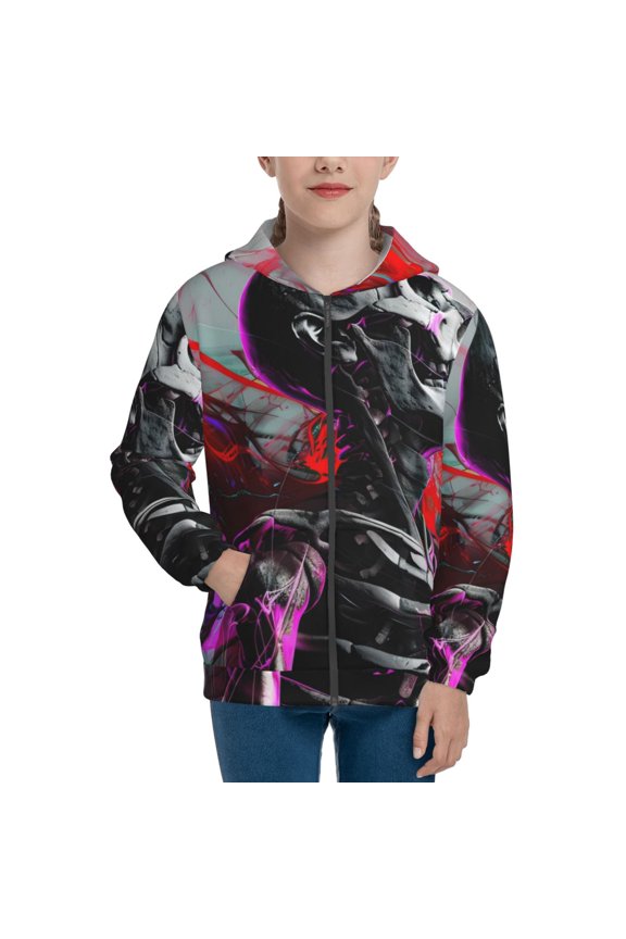 Artistic Skull Teenage Zipper Hoodie, Long Sleeve Zip Up Hoodies Casual Jackets Tops for 7-12 Years-Small