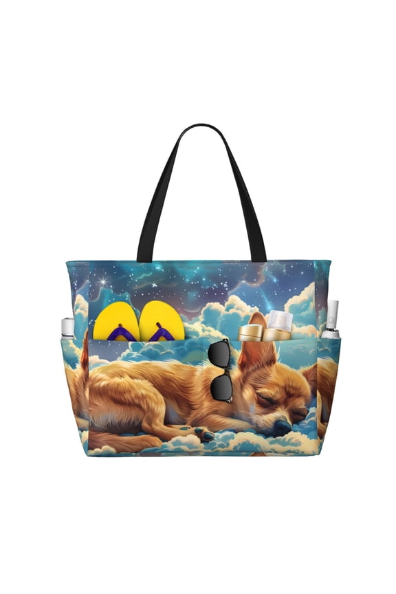 Artistic Starry Sky Cloud Dog Large Capacity Beach Bag, Waterproof Sandproof Beach Swim Pool Bag Tote Bag for Women