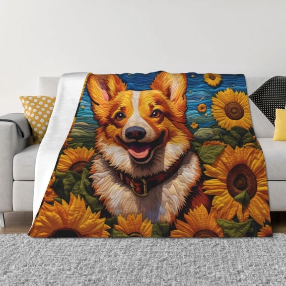 Naloa Artistic Sunflower Corgi Flannel Blankets - Thick and Warm Blanket for Winter, Soft Fuzzy Plush King Blanket for All Seasons60"x50"