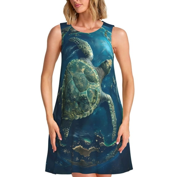 Naloa Artistic Turtle Earth Print Women's Summer Spring Casual Beach Sundress,Vacation Sleeveless Tank Crewneck Loose Dresses