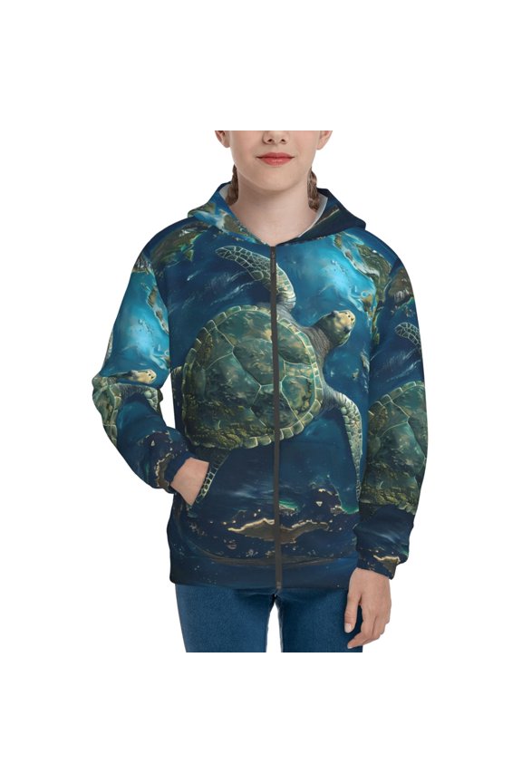 Artistic Turtle Earth Teenage Zipper Hoodie, Long Sleeve Zip Up Hoodies Casual Jackets Tops for 7-12 Years-Small