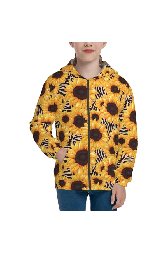 Artistic Zebra Print Sunflower Teenage Zipper Hoodie, Long Sleeve Zip Up Hoodies Casual Jackets Tops for 7-12 Years-Small
