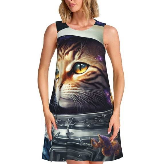 Naloa Astronaut Cat Print Women's Summer Spring Casual Beach Sundress,Vacation Sleeveless Tank Crewneck Loose Dresses