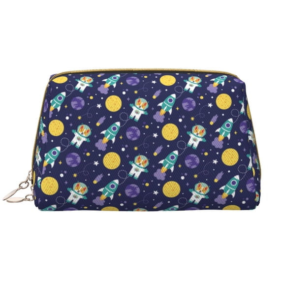 Naloa Astronaut Corgi Leather Makeup Bag for Purse Travel, Portable Small Cosmetic Organizer for Women and Girls, Make up Bag with Zipper