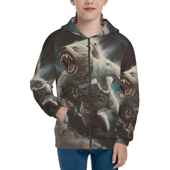 Naloa Astronaut Polar Bear Roar Teenage Zipper Hoodie, Long Sleeve Zip Up Hoodies Casual Jackets Tops for 7-12 Years-