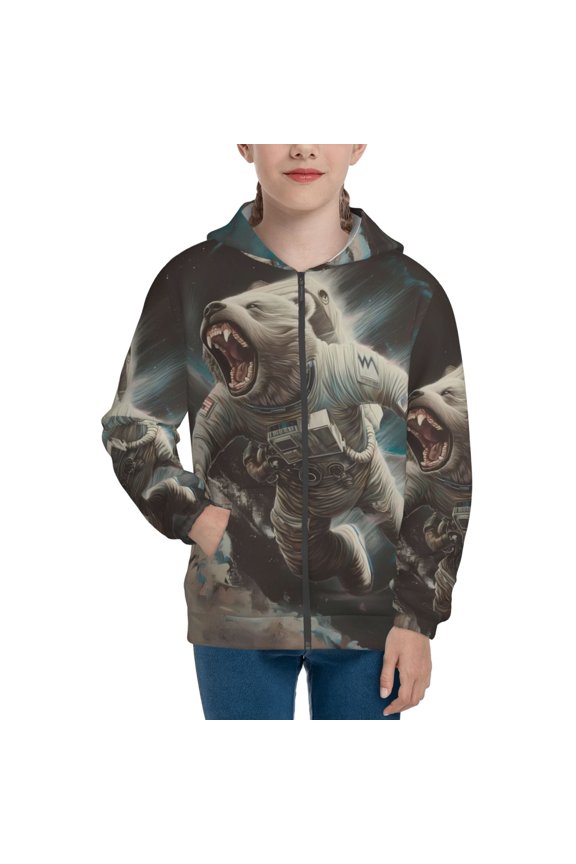 Astronaut Polar Bear Roar Teenage Zipper Hoodie, Long Sleeve Zip Up Hoodies Casual Jackets Tops for 7-12 Years-