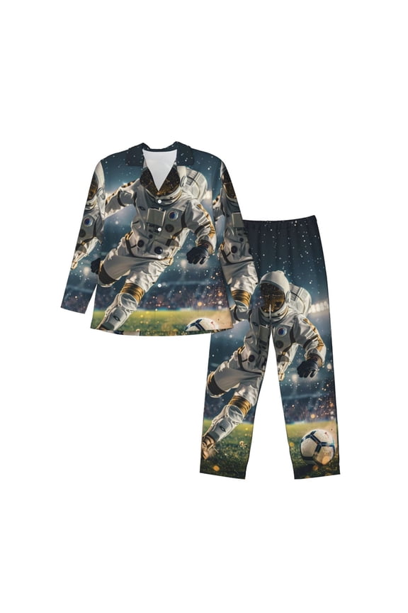 Astronaut Soccer Field Men’s Pajamas Set - Long Sleeve Button Down Sleep Shirt and Pajama Bottoms Sleepwear Set-Large