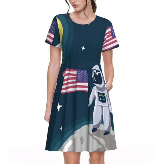 Naloa Astronaut With USA Flag Print Womens Summer A-Line Dress with Pockets,Short Sleeve Dresses,Flowy Beach Swing Dress for Vacation Travel