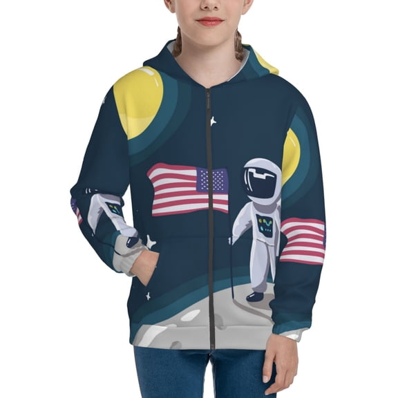 Naloa Astronaut With USA Flag Teenage Zipper Hoodie, Long Sleeve Zip Up Hoodies Casual Jackets Tops for 7-12 Years-Small