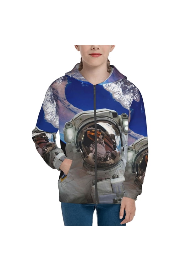 Astronaut in Outer Space Teenage Zipper Hoodie, Long Sleeve Zip Up Hoodies Casual Jackets Tops for 7-12 Years-Medium