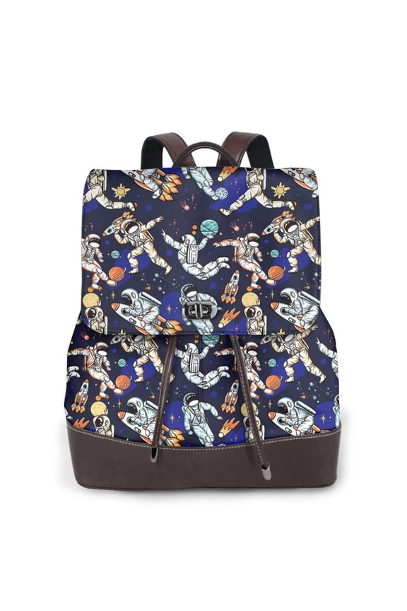 Astronauts in sport Print Women's Leather Backpack,Travel Laptop Backpack,Fashion Ladies Leather Backpack Bag for Travel,Leather Drawstring Daypack for Me