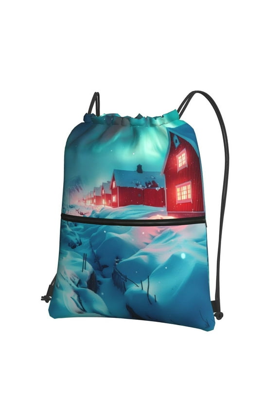 Aurora Borealis Village Drawstring Backpack String Bag Cinch Water Resistant for Gym Shopping Sport Yoga