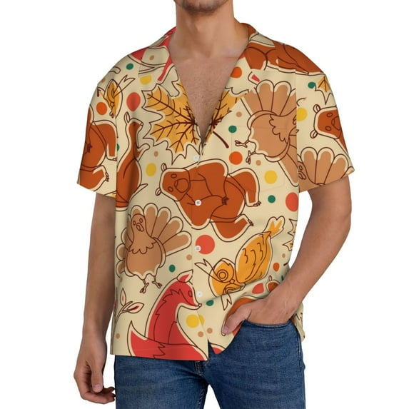 Naloa Autumn Animal Maple Leaves Men's Loose Fit Cuban Collar Short-Sleeve Shirt, Hawaiian Shirts, Mens Shirts Casual for Everyday Wear Outings-XX-Large