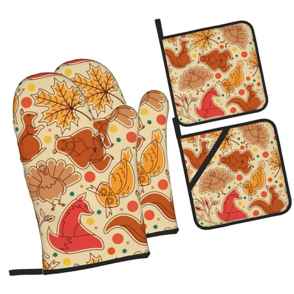 Naloa Autumn Animal Maple Leaves Oven Mitts and Pot Holders 4 pcs Set, Cooking Baking Grilling Kitchen Oven Glove for Cooking